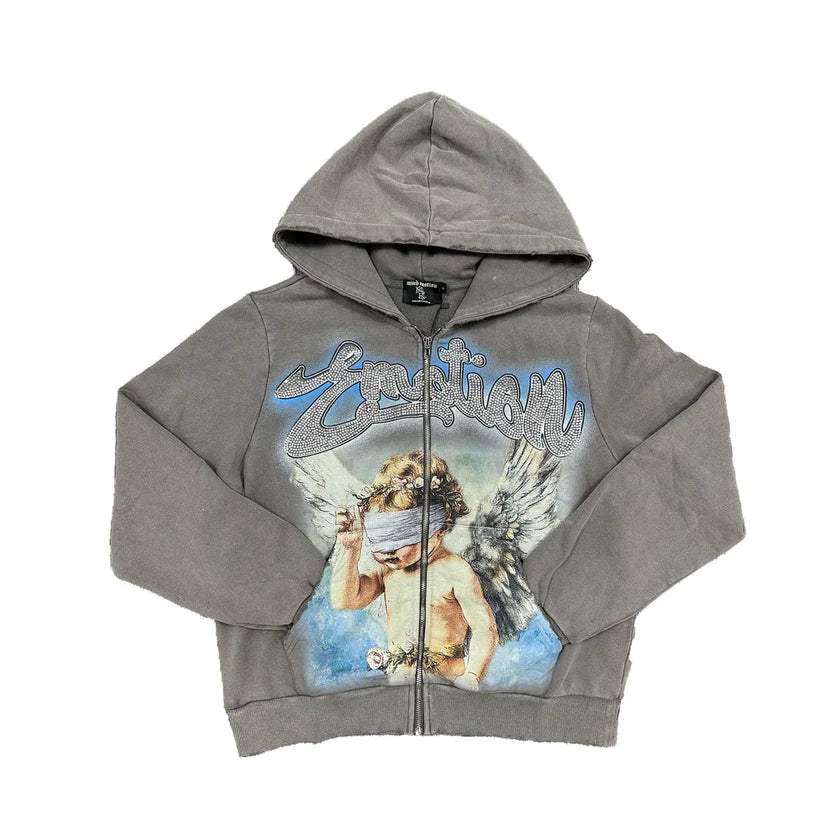 Mixed Emotion Rhinestone Grey Zip Up