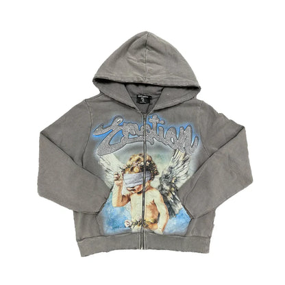 Mixed Emotion Rhinestone Grey Zip Up