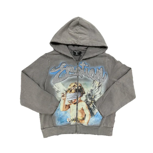 Mixed Emotion Rhinestone Grey Zip Up